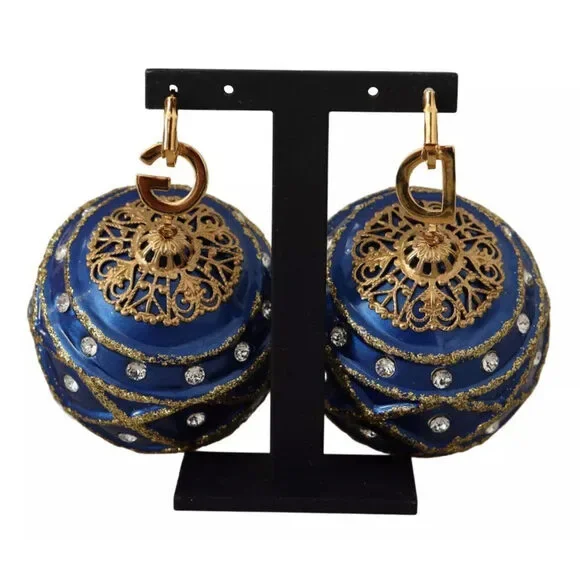 Dolce & Gabbana Gold Brass Blue Christmas Ball Crystal Hook Jewelry Earrings - Picture 6 of 9